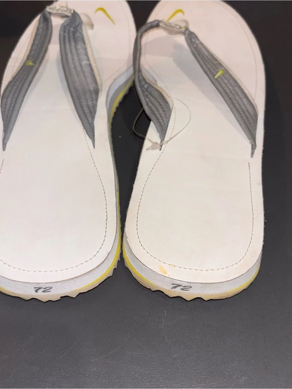 Nike Women’s White & Gray Thong Sandals with Yellow Swoosh